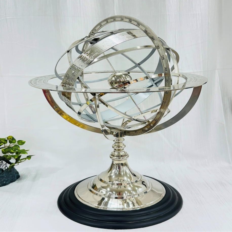 Antique Vintage Zodiac Armillary Brass Sphere Globe Wooden base Pirate's Antique Ship Nautical Sphere Globe (Silver 18 inch)