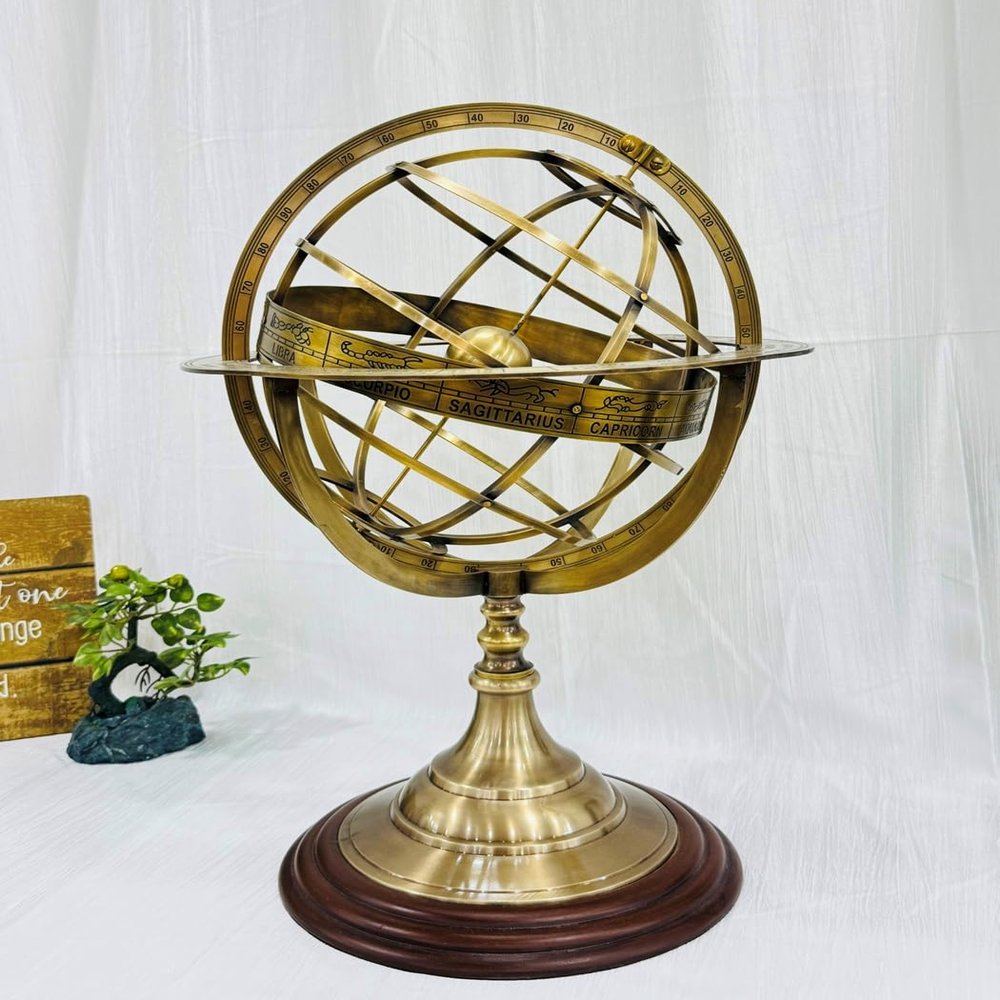 Antique Vintage Zodiac Armillary Brass Sphere Globe Wooden base Pirate's Antique Ship Nautical Sphere Globe (Antique 18 inch)