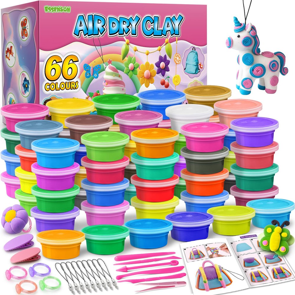 ESSENSON Air Dry Clay Kit, 66 Colors Modeling Magic Clay DIY Jewelry Making, Crafts School Projects, Ideal Party Favors Craft Gift for Kids