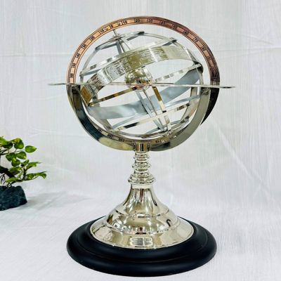 Antique Vintage Zodiac Armillary Brass Sphere Globe Wooden base Pirate's Antique Ship Nautical Sphere Globe (Silver 15 inch)