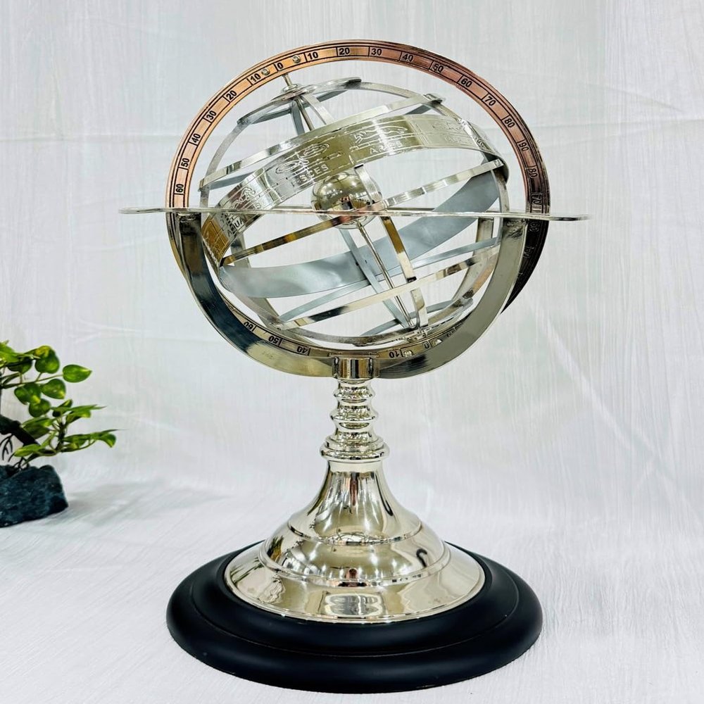 Antique Vintage Zodiac Armillary Brass Sphere Globe Wooden base Pirate's Antique Ship Nautical Sphere Globe (Silver 15 inch)