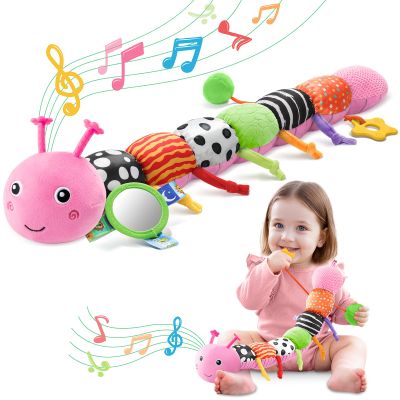 AWOTOY Baby Toys 0-6-12 Months,Musical Caterpillar Stuffed Animals Activity Infant Toys with Crinkle,Rattles,Mirror&Pull String,Muti-Sensory Toys Gifts for Newborn Tummy Time,Pink,Knot prolegs