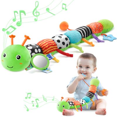 AWOTOY Baby Toys 0-6-12 Months,Musical Caterpillar Stuffed Animals Activity Infant Toys with Crinkle,Rattles,Mirror&Pull String,Muti-Sensory Toys Gifts for Newborn Tummy Time,Green,Knot prolegs