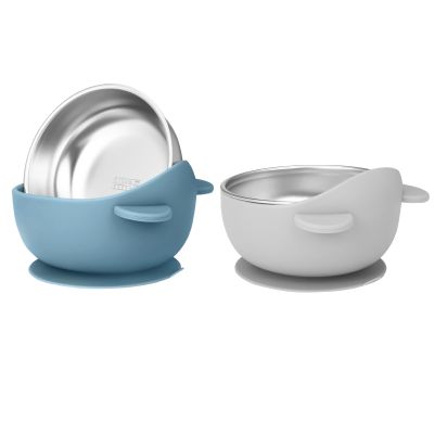 Wesketch 2 Pack Stainless Steel Baby Bowls with Suction, Toddler Bowls with Removable Silicone Shell for Kids, Non-Slip Toddler Baby Feeding Set Dishwasher Safe-Gray & Blue