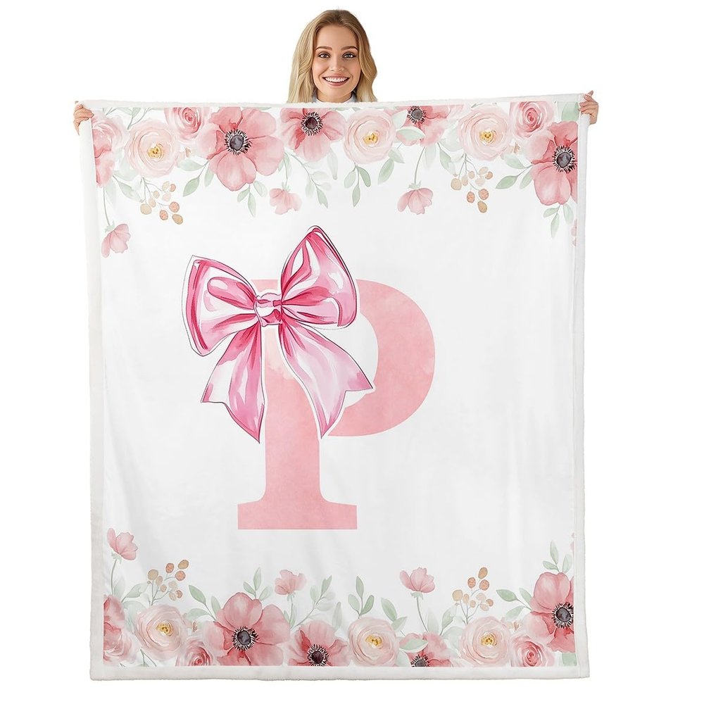 Erosebridal Initial Letter P Bow Fleece Blankets Baby for Kids Girls Teen, Pink Girly Bowknot Throw Blanket Cute Fantasy Princess Fuzzy Blankets Throw Blankets Romance Flower Floral Sherpa Flannel