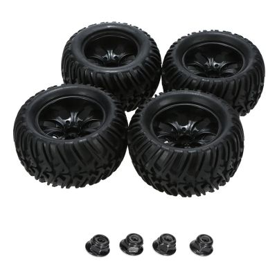 4pcs 125mm Rubber 1/10 RC for Monster Truck Tires and Wheel Rims 12mm Hex with Nylon 4mm Lock Nuts for Trxs for Hi-Moto for HSP for HPI(DLT005)