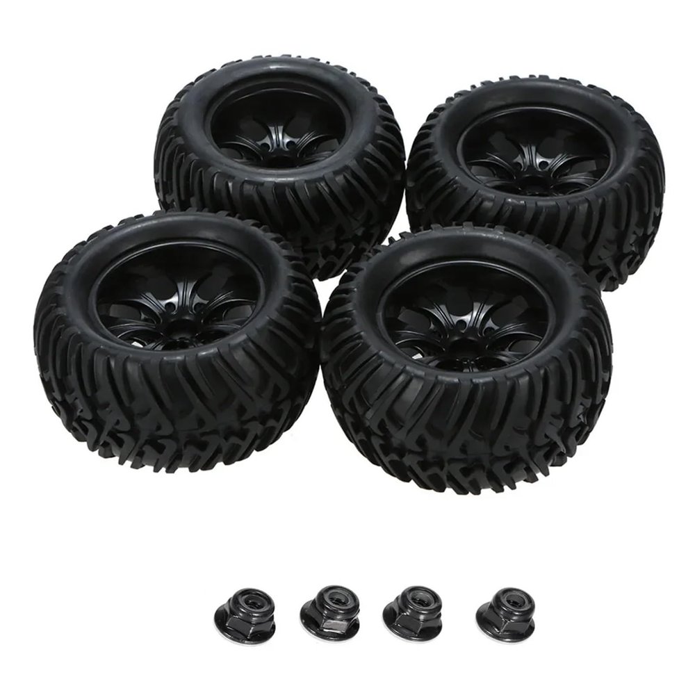 4pcs 125mm Rubber 1/10 RC for Monster Truck Tires and Wheel Rims 12mm Hex with Nylon 4mm Lock Nuts for Trxs for Hi-Moto for HSP for HPI(DLT005)