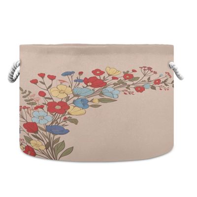 Burbuja Floral Design Round Storage Basket with Cotton Rope Handles, Laundry Basket for Blankets, Toys, Nursery, Living Room Decoration