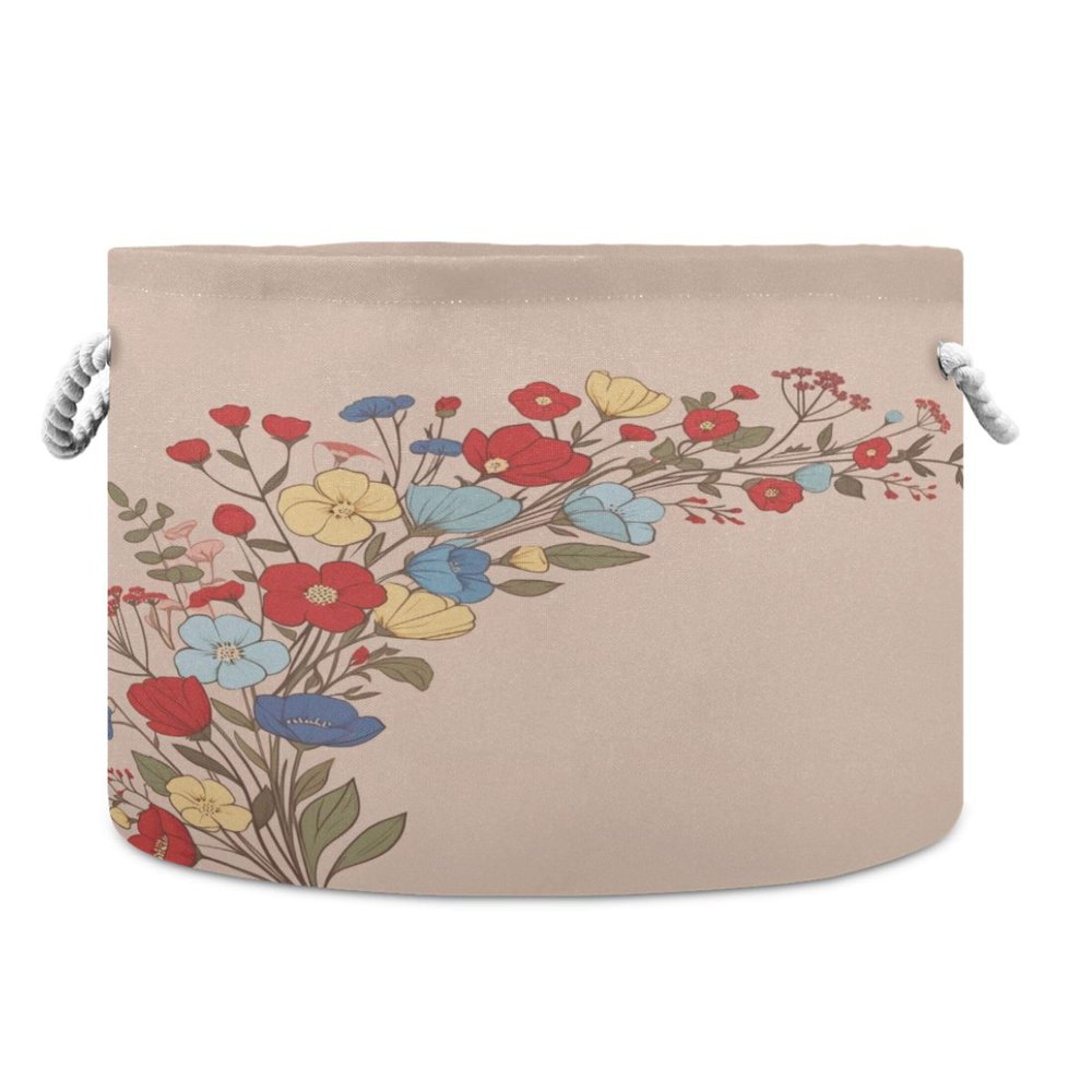 Burbuja Floral Design Round Storage Basket with Cotton Rope Handles, Laundry Basket for Blankets, Toys, Nursery, Living Room Decoration