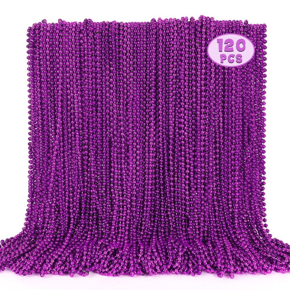 EOBOH 120PCS Mardi Gras Beads, Purple Bead Necklace Party Favors, 33" Holiday Halloween Necklaces Party Parade Throw Accessories, Mardi Gras Halloween Wedding Birthday Celebrations Decorations Bulk
