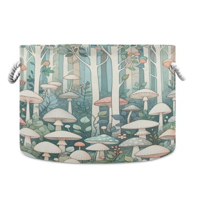 Burbuja Mushroom Forest Round Storage Basket with Cotton Rope Handles, Laundry Basket for Blankets, Toys, Nursery, Living Room Decoration