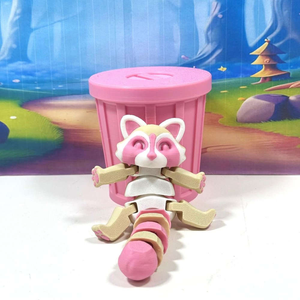 3D Printed Racoon with Trash Can, Articulated Pink Racoon, 3D Printed Trash can, Medium Raccoon Toy, Trash Panda, Fidget ADHD Autism Toy AR007-Medium-Pink