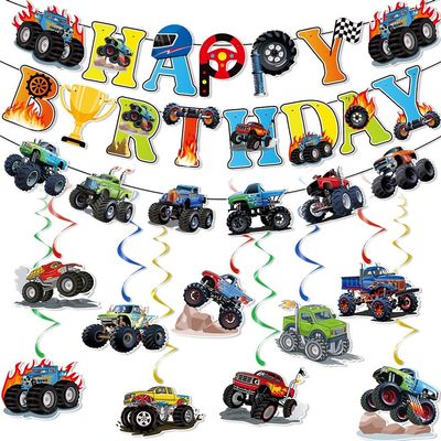 12pcs Monster Truck Birthday Party Banner Decorations Set Truck Happy Birthday Banner, Monster Trucks Banners Bunting Garlands and Trucks Themed Hanging Swirls for Cars Themed Party Supplies