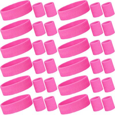 Bememo 36 Pcs Neon Sweatbands Set for Kids Adult 12 Headbands 24 Wristbands Bulk Sports Sweat Bands Athletic for Basketball Tennis Running Gym Student Gifts Glow Party(Pink,Small)
