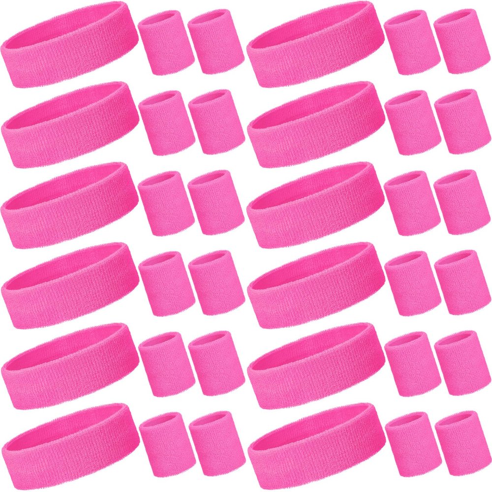 Bememo 36 Pcs Neon Sweatbands Set for Kids Adult 12 Headbands 24 Wristbands Bulk Sports Sweat Bands Athletic for Basketball Tennis Running Gym Student Gifts Glow Party(Pink,Small)