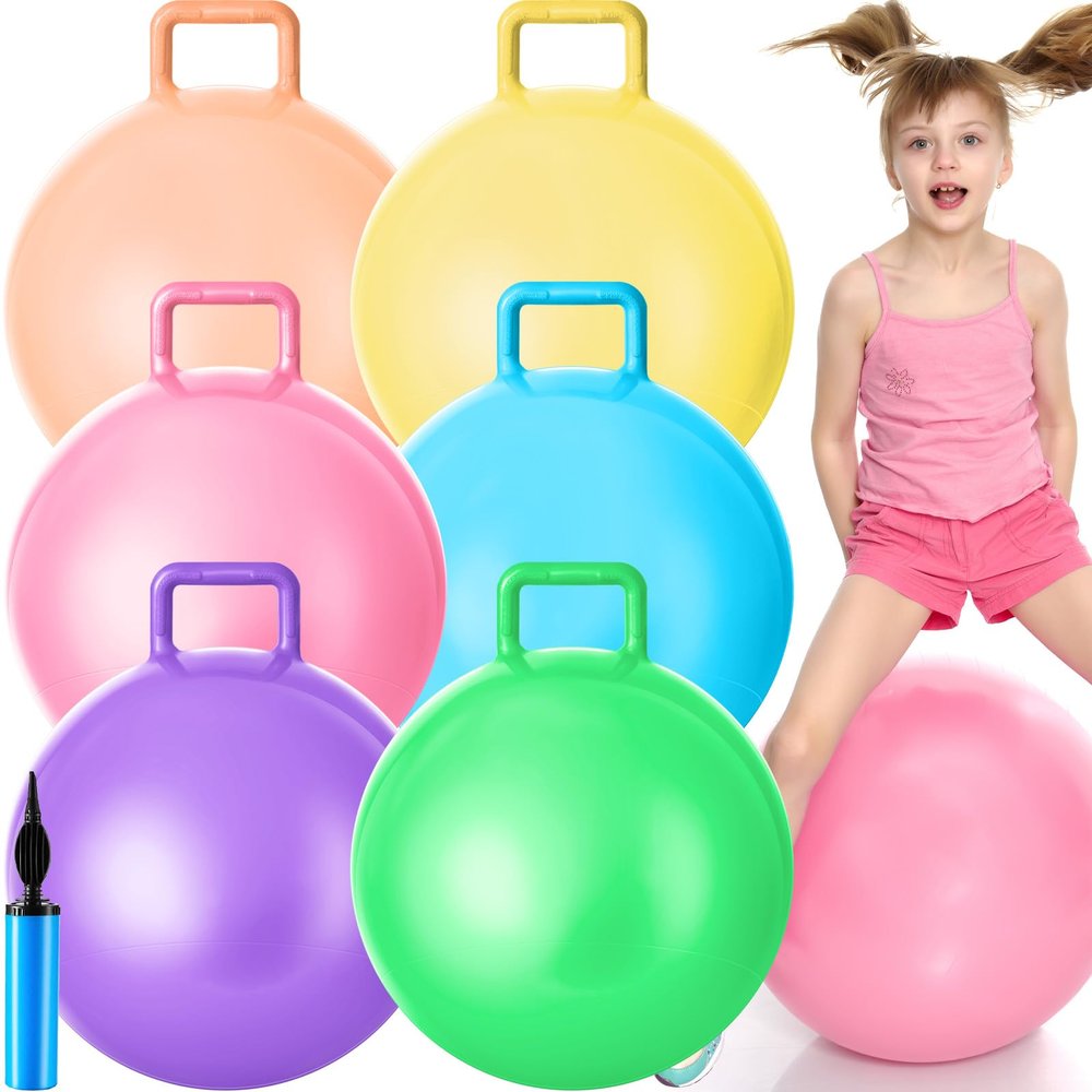 Lewtemi 6 Pcs Hopper Ball Carnival Outdoor Games 22 Inch Jumping Hopping Inflatable Bouncing Ball with Handle and Air Pump for Kids Sport Exercise(Light Colors)