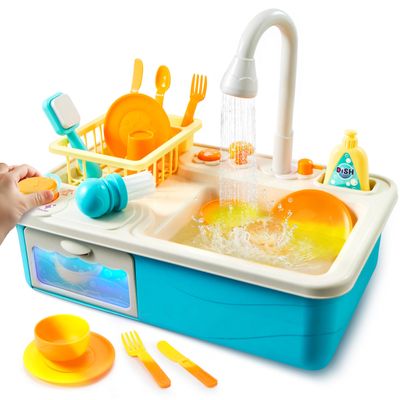 Color Changing Play Sink with Running Water, Kids Sink Toy with Electric Dishwasher, Chopping Sounds and Automatic Water Cycle System, Pretend Role Play Kitchen Sink for Toddler Birthday Gift