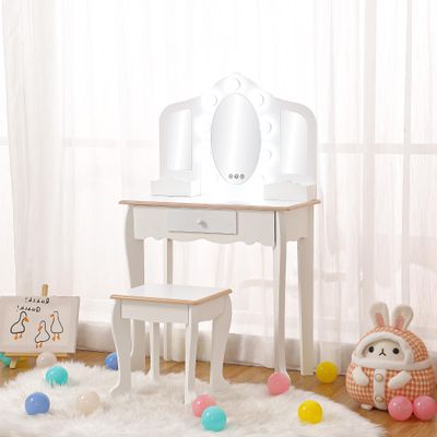 ChicCoutured Toddler Vanity and Stool, Girls Vanity with 3 Mirror, Makeup Play Table for Girls 3+, Pink