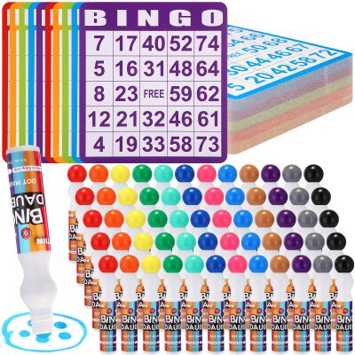 Crtiin Assorted Colors of Bingo Game Cards and Daubers Set Includes Bingo Paper Game Cards and Dot Markers Supplies for Family Gathering Activity, Large Groups, Parties, Games Night(0.5 oz)