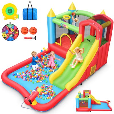 AKEYDIY Inflatable Bounce House for Kids 3-12, Bouncy House with Slide, Trampoline, Ball Pit/Pool, Basketball Hoop, Target, Climbing Wall, Water Cannon, Blower Included, Upgradeable