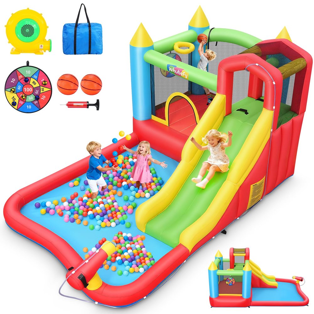 AKEYDIY Inflatable Bounce House for Kids 3-12, Bouncy House with Slide, Trampoline, Ball Pit/Pool, Basketball Hoop, Target, Climbing Wall, Water Cannon, Blower Included, Upgradeable