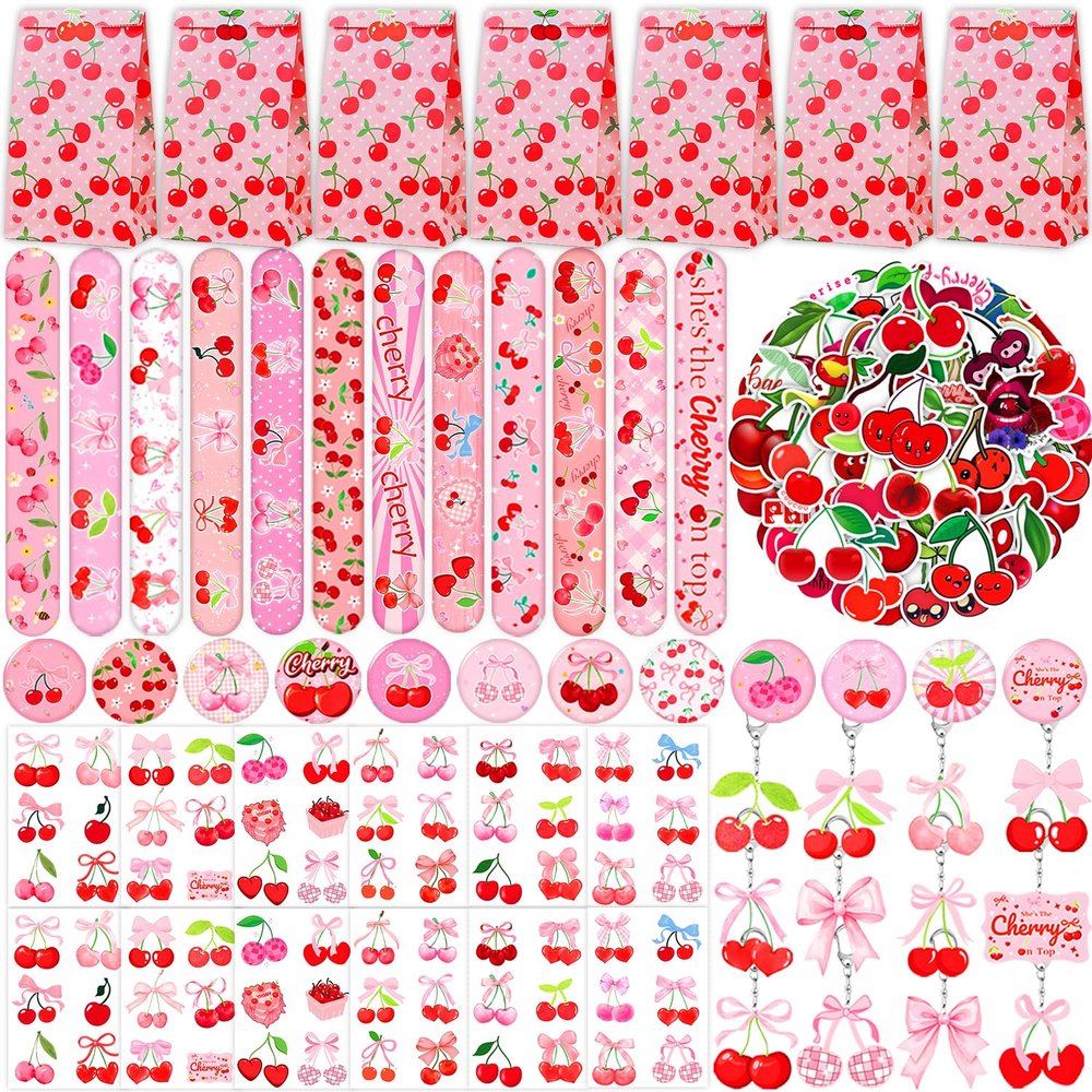 110PCS Cherry Party Favors She's The Cherry On Top Slap Bracelet Summer Fruit Cherries Stickers Tattoos, Keychain, Button Pins, Cute Cherry Party Gift Bag for Wedding Bridal Baby Shower Supplies