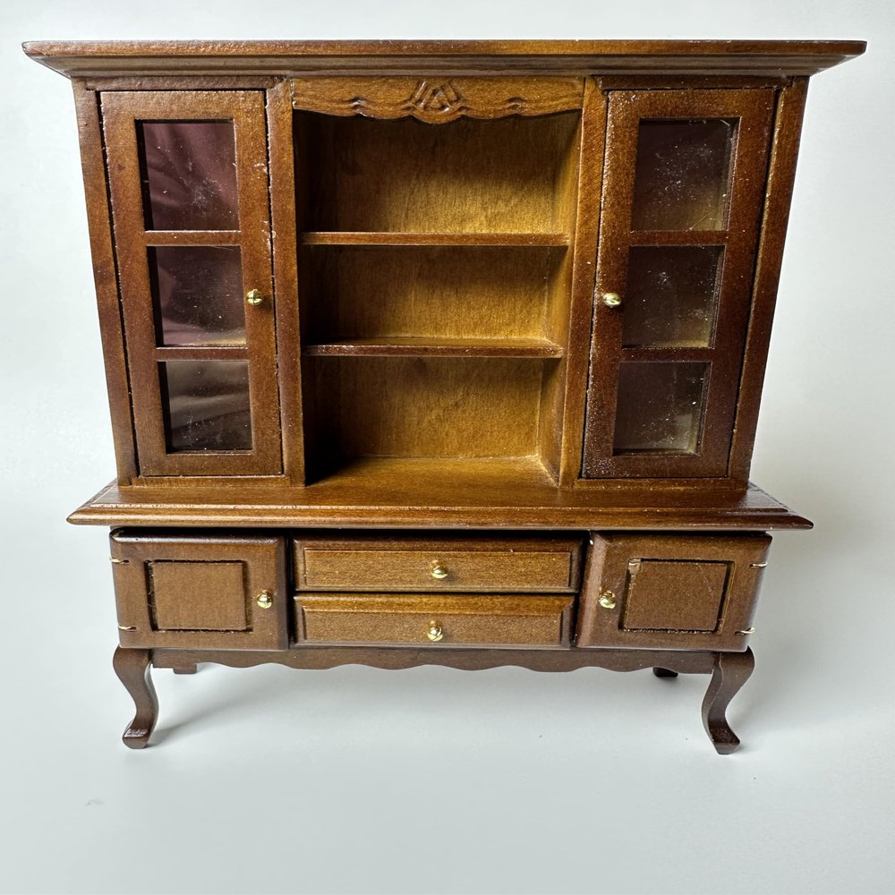 1/12 Scale Miniature Bookshelf Cabinet  Wooden Mini Bookshelf with Drawers & Glass Doors, Dollhouse Bookshelf Furniture for Dollhouse & Model Decor, Dark Walnut