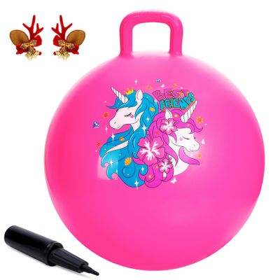 ZOOJOY Hopper Ball, Pink Bouncy Balls for Kids, 20 Inch Sit on Jumping Toys with Handle for Girls Gift Aged 6-12, Inflatable Unicorn Bounce Hopper Balls Toy with Pump & Free Christmas Hair Clip
