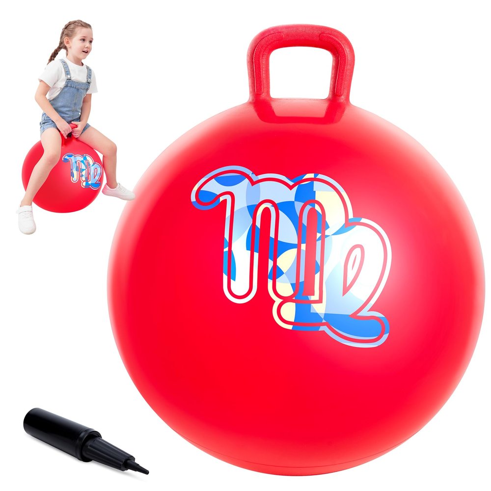 ZOOJOY 18 Inch Red Hopper Balls for Kids 3-6, Sit On Bouncy Ball with Handle, Inflatable Hippity Hop Ball for Indoor/Outdoor Play, Hoping Toys for Kids with Pump