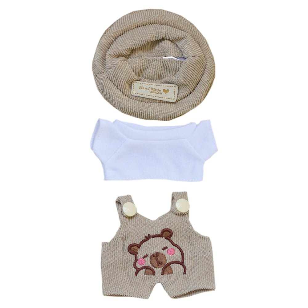 niannyyhouse 17cm Doll Clothes Hat White T-Shirt Animal Print Overalls 15cm Plush Doll Dressup (Brown-1)