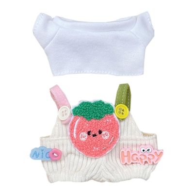 niannyyhouse 15cm Plush Doll Clothes White T-Shirt Fruit Pattern Overalls 17cm Doll Dressup (Pink)