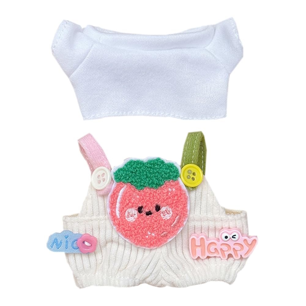 niannyyhouse 15cm Plush Doll Clothes White T-Shirt Fruit Pattern Overalls 17cm Doll Dressup (Pink)