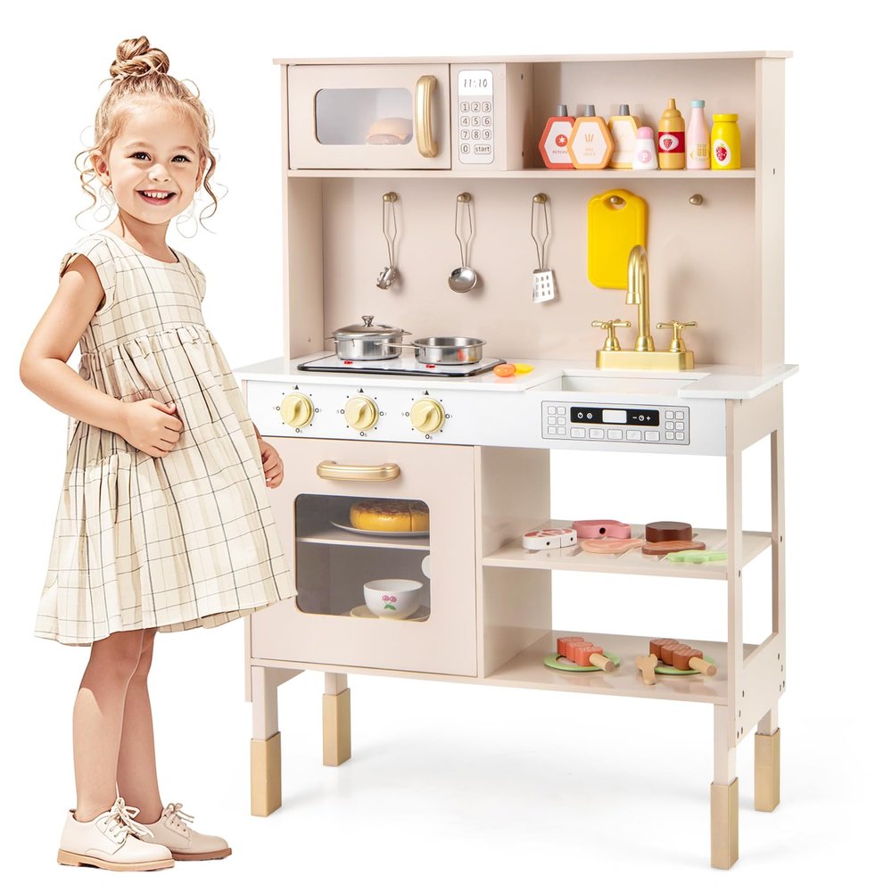 GLACER Kids Kitchen Playset, 3 Height Adjustable Toy Kitchen Set with Real Lights & Sounds, Microwave, Oven, Cooking Accessories, Storage, Wooden Play Kitchen for Toddlers, Gift for Boys Girls Ages 3+
