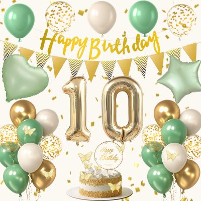 10th Sage Green Birthday Decorations, Boho Green White Gold Balloons Decorations for Girls, Happy 10 Birthday Party Supplies with Happy Birthday banner, Number Foil Balloon, Butterfly Cake Topper