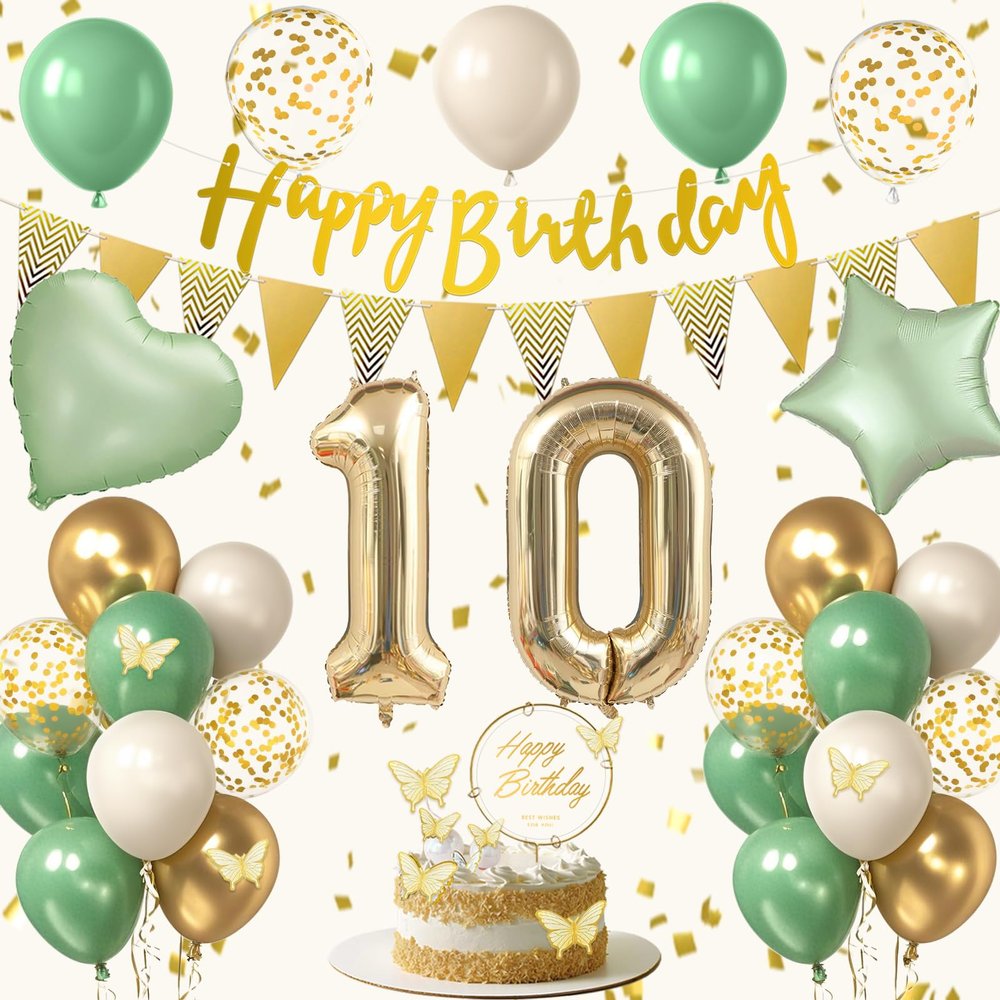 10th Sage Green Birthday Decorations, Boho Green White Gold Balloons Decorations for Girls, Happy 10 Birthday Party Supplies with Happy Birthday banner, Number Foil Balloon, Butterfly Cake Topper