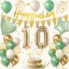 10th Sage Green Birthday Decorations, Boho Green White Gold Balloons Decorations for Girls, Happy 10 Birthday Party Supplies with Happy Birthday banner, Number Foil Balloon, Butterfly Cake Topper view 1