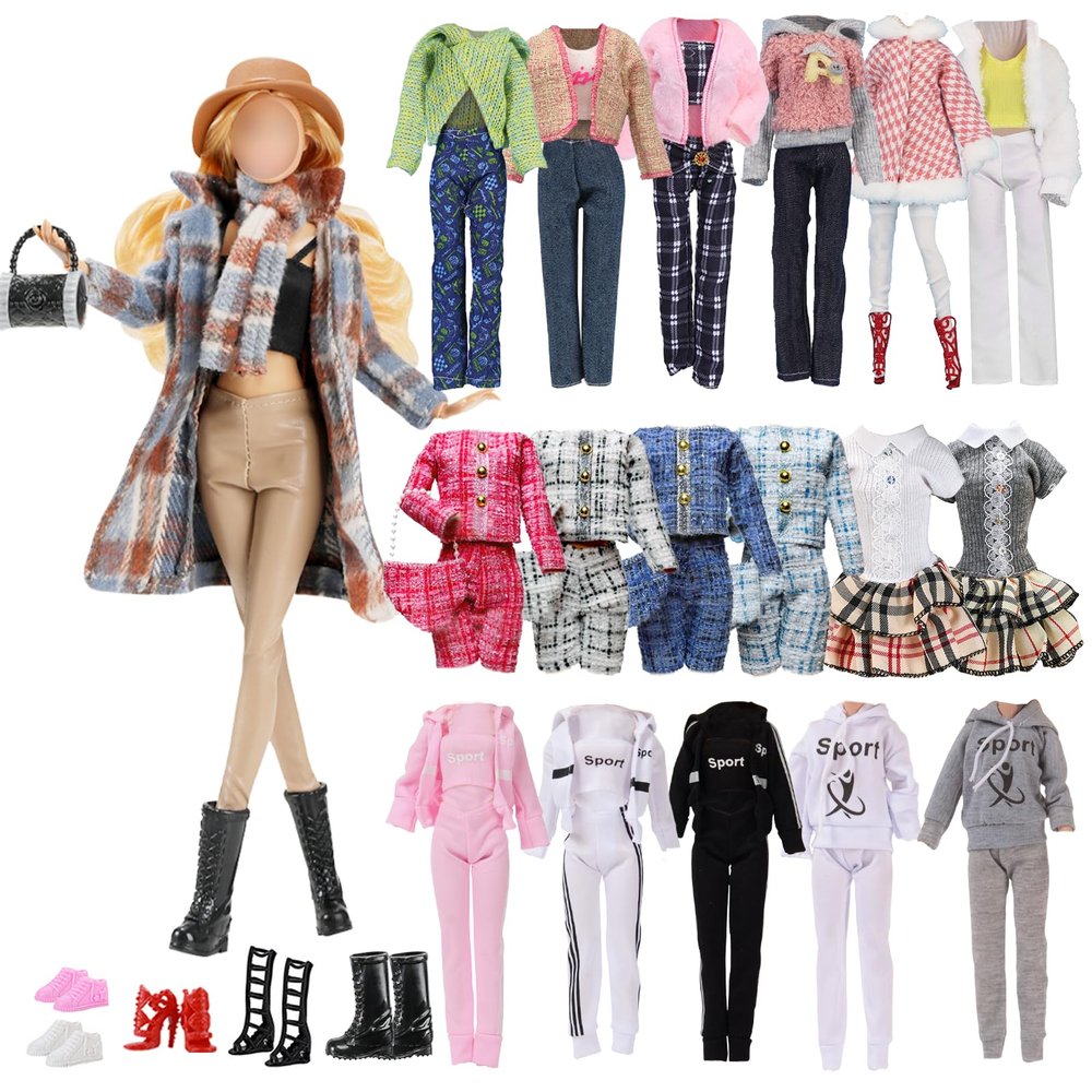 14 Pcs Doll Clothes for 11.5 inch Doll, Include 1 Plaid Coat Set 1 Winter Set 1 Sports Outfit 1 Dress 2 Bags 5 Shoes 1 Hat 1 Scarf in Random, for Girls