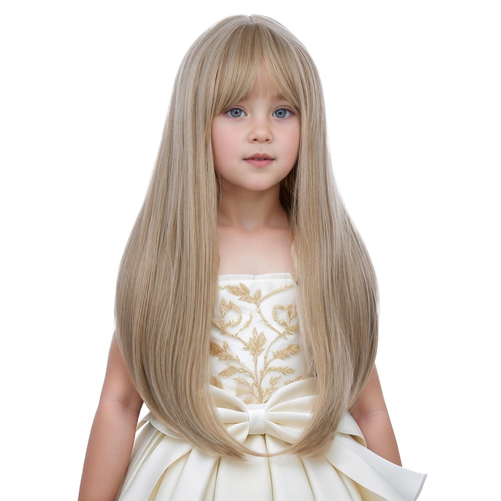 Edivd Girls Mixed Blonde Wig Long Ash Blonde Wig with Air Bangs for Kids Children Straight Wigs Heat Resistant Synthetic Wigs with Cap