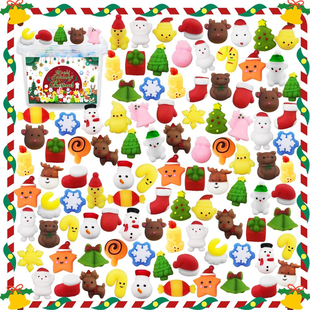 120 PCS Christmas Mochi Squishy Toys Soft Stress Relief Fidget Toys for Kids, Cute Animal Designs, Non Candy Party Favors & Stocking Stuffers, Birthday Goodie Bags fillers with Storage Box