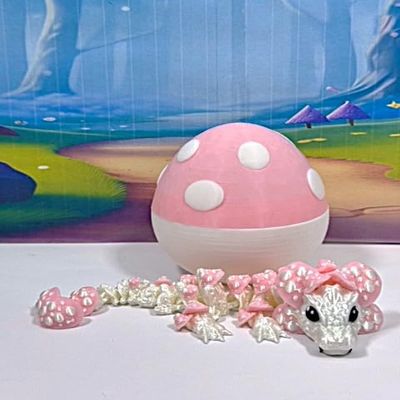3D Printed Baby Dragon with Egg, Articulated 6" White and Pink Mushroom Baby Dragon, Fidget ADHD Autism Toy BD012-WPME