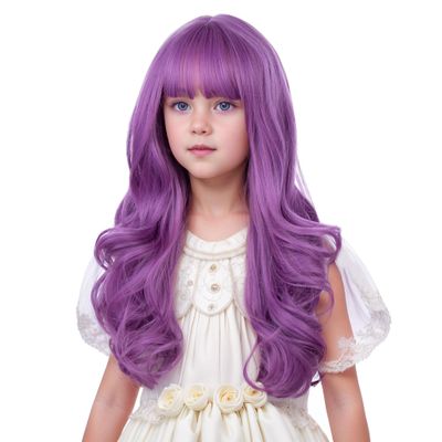 Edivd Child Taro Purple Wig Kids Long Lavender Purple Wig with Bangs Girl Long Wavy Curly Wigs Heat Resistant Synthetic Wigs with Cap