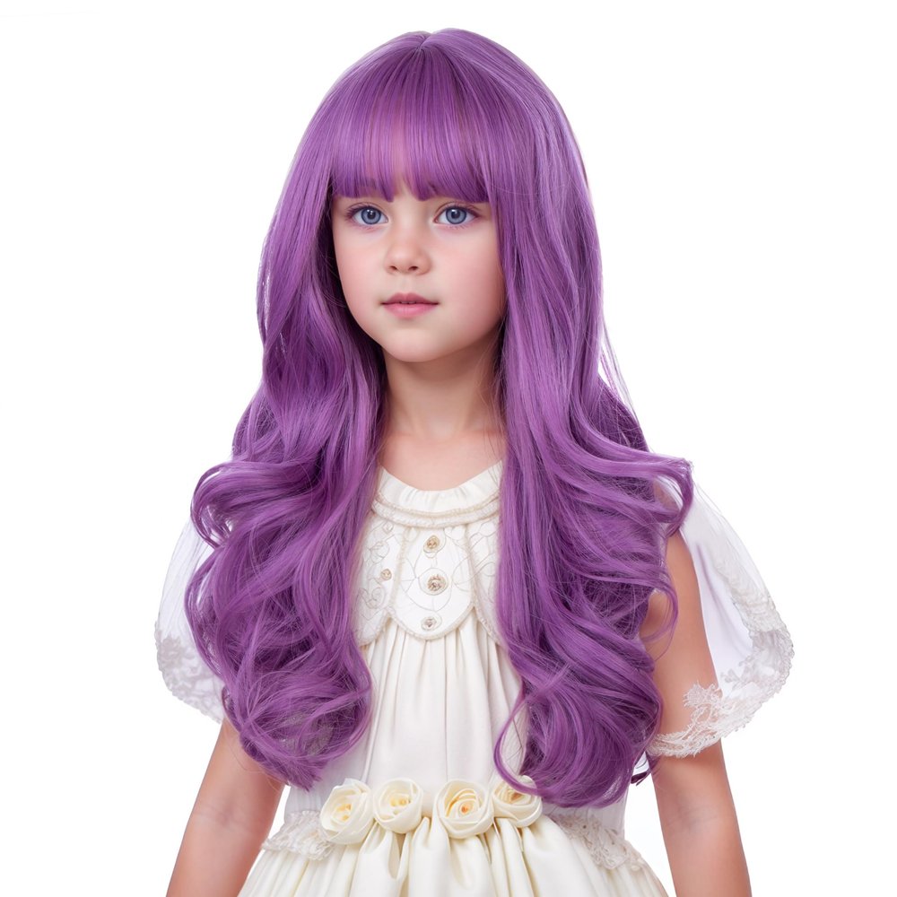 Edivd Child Taro Purple Wig Kids Long Lavender Purple Wig with Bangs Girl Long Wavy Curly Wigs Heat Resistant Synthetic Wigs with Cap