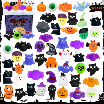120 PCS Halloween Mochi Squishy Toys fillers with Storage Box Non Candy Trick or Treat Gifts for Kids, Cute Halloween Party Favors, Pumpkin Ghost Spider Designs, Classroom Prizes, Stress Relief Toys