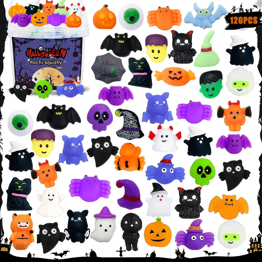 120 PCS Halloween Mochi Squishy Toys fillers with Storage Box Non Candy Trick or Treat Gifts for Kids, Cute Halloween Party Favors, Pumpkin Ghost Spider Designs, Classroom Prizes, Stress Relief Toys