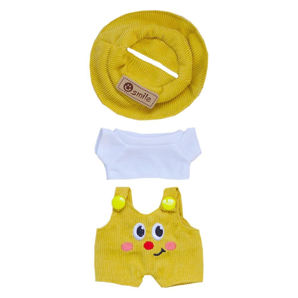 niannyyhouse 17cm Doll Clothes Hat White T-Shirt Animal Print Overalls 15cm Plush Doll Dressup (Yellow)