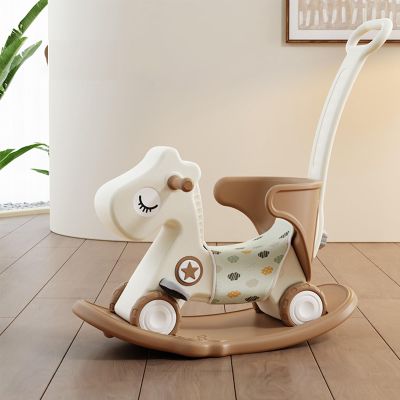 Deer COCO 4 in 1 Rocking Horse for Toddlers 1-3, Baby Ride On Toys with Balance Board & Push Handle, Convertible Push Car, Birthday Gift for 1 Year Old Boys Girls (Tan)