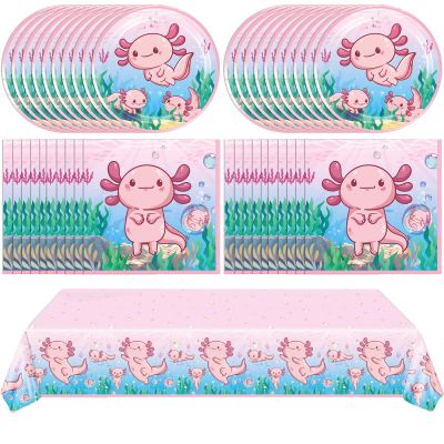 41Pcs Pink Axolotl Birthday Party Supplies Reptile Animals Theme Tableware Set Cartoon Axolotl Party Disposable Plates,Napkin,TableclothBaby Shower Boys Girls Birthday Decorations Supplies,Serves 20