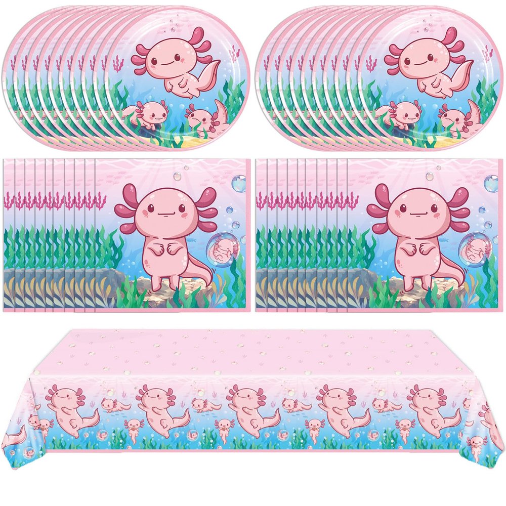 41Pcs Pink Axolotl Birthday Party Supplies Reptile Animals Theme Tableware Set Cartoon Axolotl Party Disposable Plates,Napkin,TableclothBaby Shower Boys Girls Birthday Decorations Supplies,Serves 20
