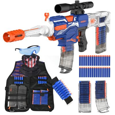 Automatic Toy Gun with Tactical Vest Set, 150 Darts, Scope,Detachable Stock & Dual Fire Modes | Rechargeable Electric Toy Gun for Kids Ages 8-12, Birthday & Xmas Gifts