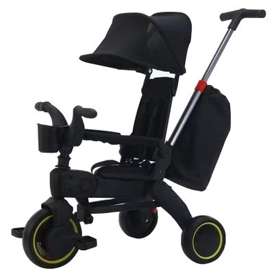 Black,JIYIAN Children's Folding Tricycle Multifunction Three Wheels W/Removable Push Handle,Canopy,Safety Harness,Storage Hanging Bag,Bike for Toddlers
